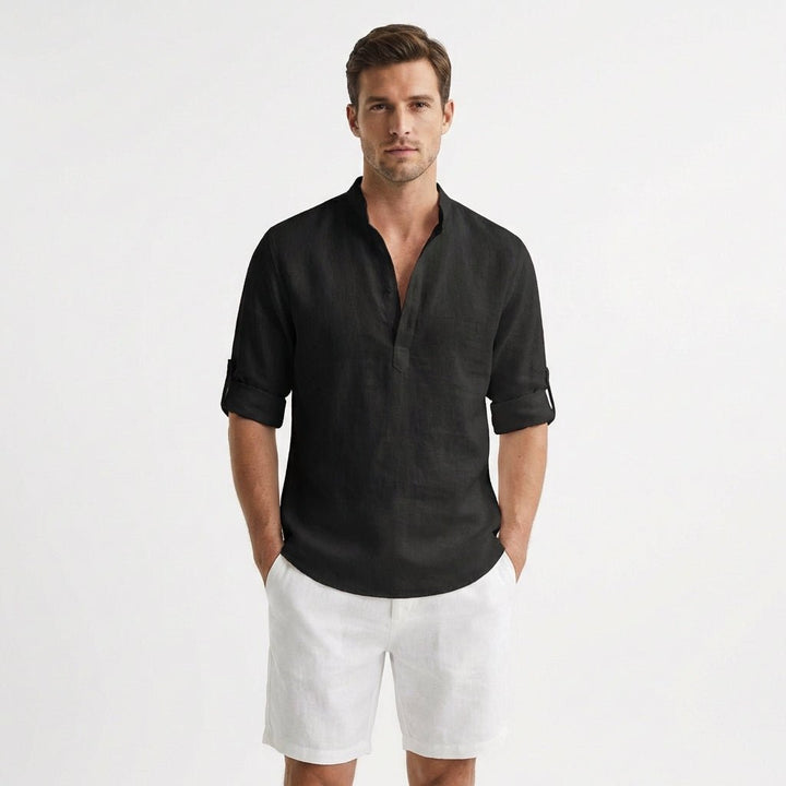 Heren Linnen Henley Overhemd Mao Kraag Opgerolde Mouwen - Negro