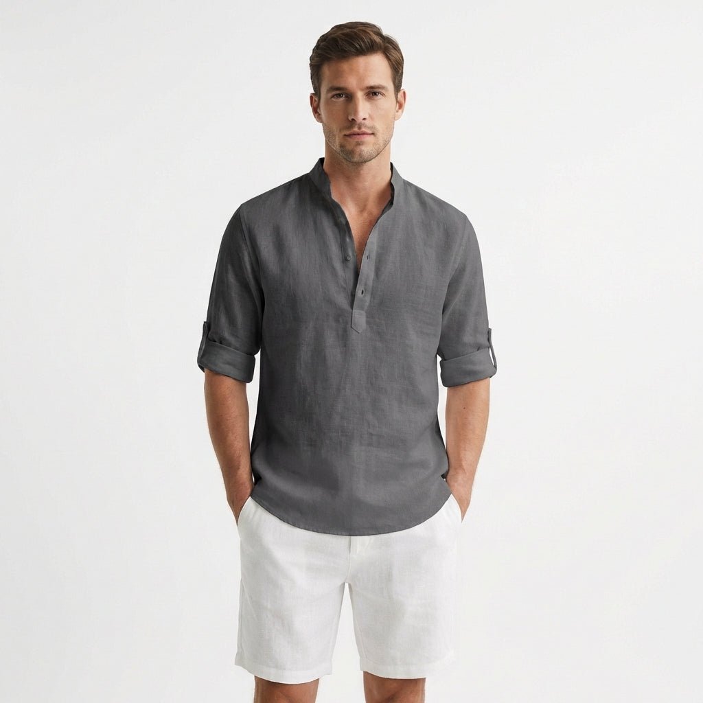 Heren Linnen Henley Overhemd Mao Kraag Opgerolde Mouwen - Gris