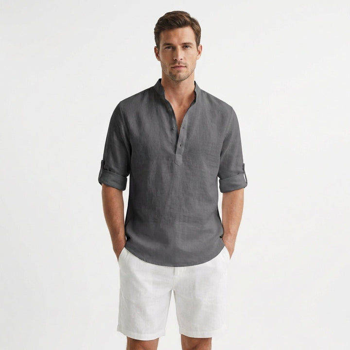Heren Linnen Henley Overhemd Mao Kraag Opgerolde Mouwen - Gris