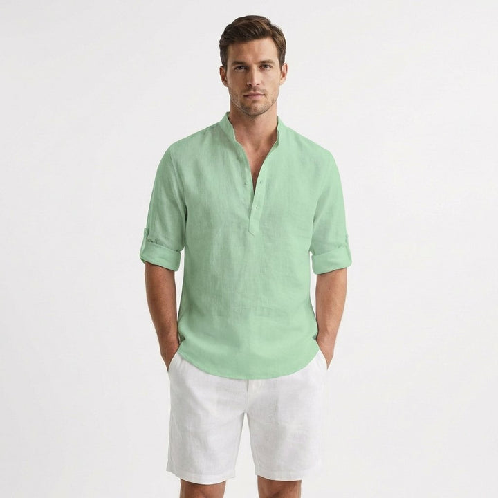 Heren Linnen Henley Overhemd Mao Kraag Opgerolde Mouwen - Verde menta