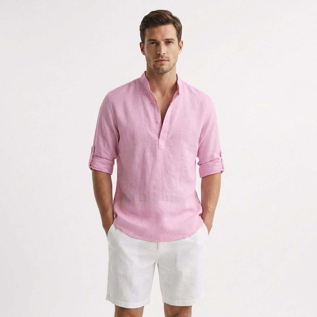 Heren Linnen Henley Overhemd Mao Kraag Opgerolde Mouwen - Rosa
