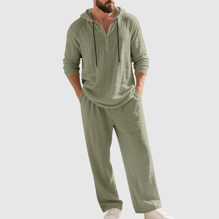 Heren Linnen Hoodie Set Relaxed-Fit Capuchon Henley - Green