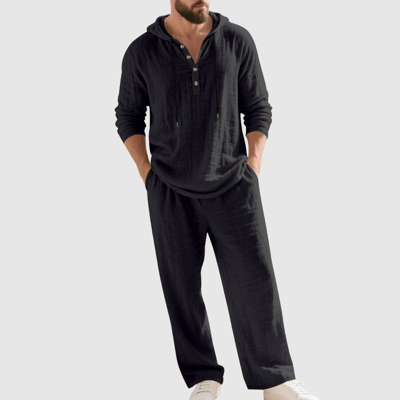 Heren Linnen Hoodie Set Relaxed-Fit Capuchon Henley - Black