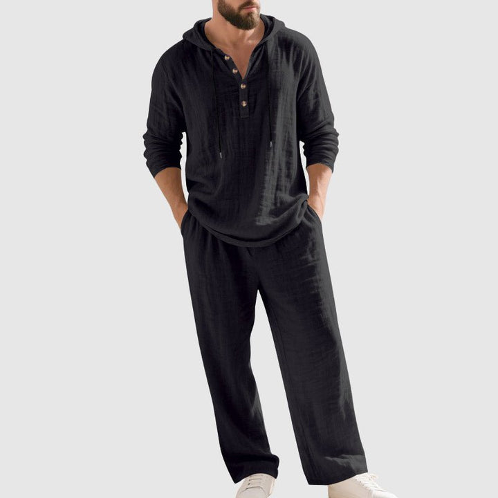Heren Linnen Hoodie Set Relaxed-Fit Capuchon Henley - Black