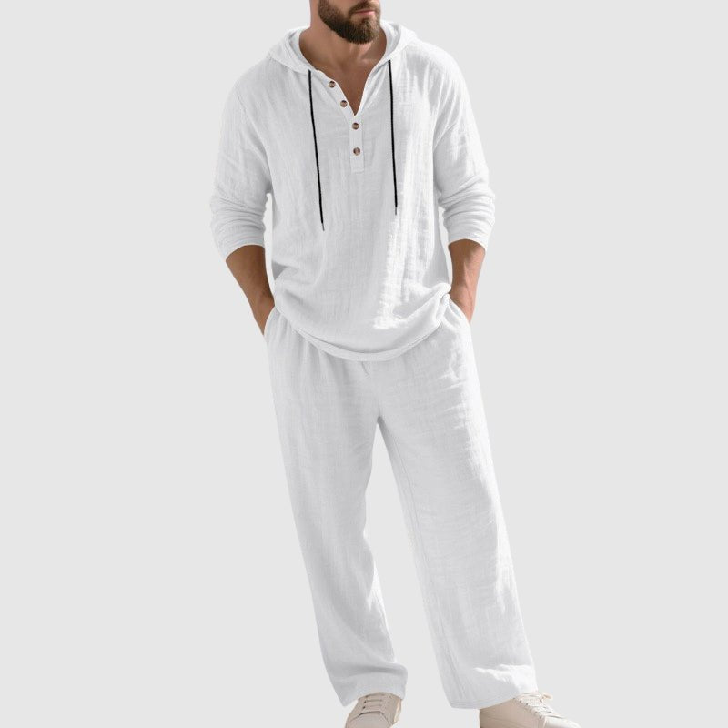Heren Linnen Hoodie Set Relaxed-Fit Capuchon Henley - White