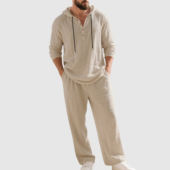 Heren Linnen Hoodie Set Relaxed-Fit Capuchon Henley - Beige