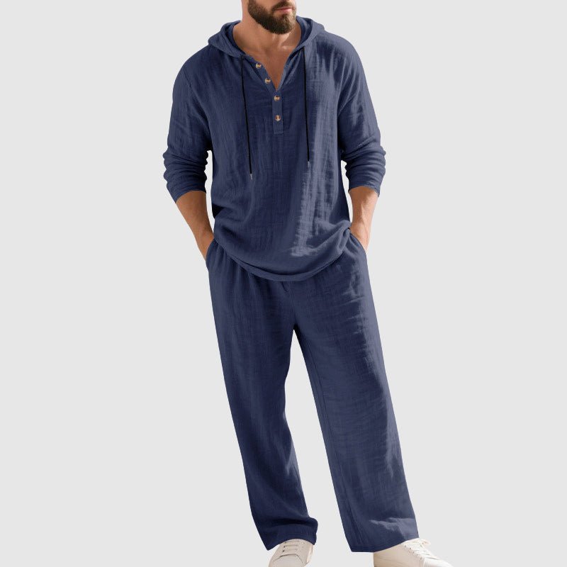 Heren Linnen Hoodie Set Relaxed-Fit Capuchon Henley - Blue
