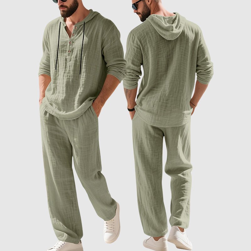 Heren Linnen Hoodie Set Relaxed-Fit Capuchon Henley