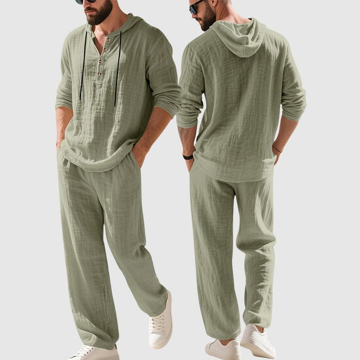 Heren Linnen Hoodie Set Relaxed-Fit Capuchon Henley