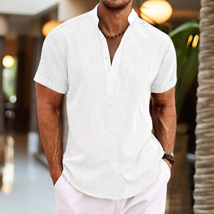 Heren Linnen Korte Mouw Henley Zomeroverhemd Knopen - Wit