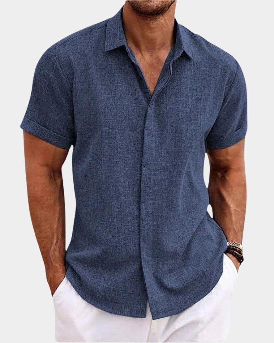 Heren Linnen Korte Mouw Overhemd Luchtig Casual Knoop - Blauw
