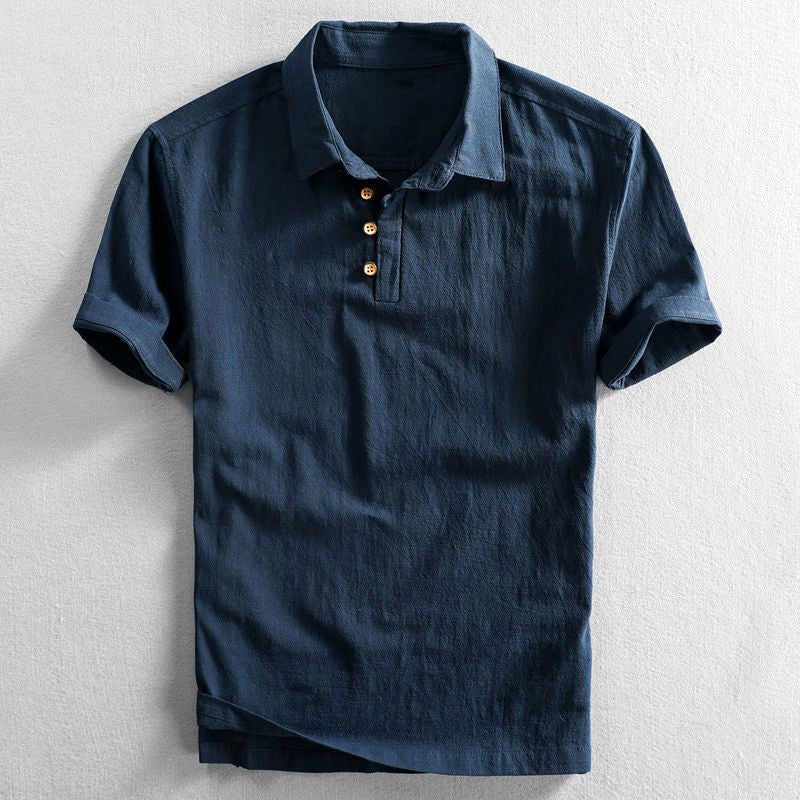 Heren Linnen Korte Mouw Polo Shirt - Dark Blue