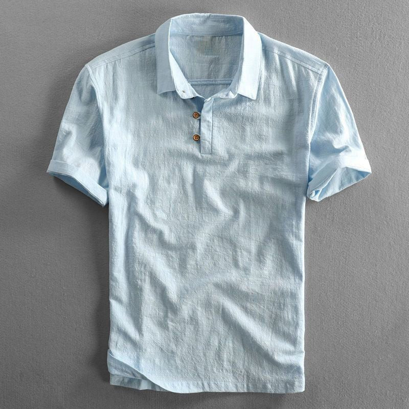 Heren Linnen Korte Mouw Polo Shirt - Light Blue