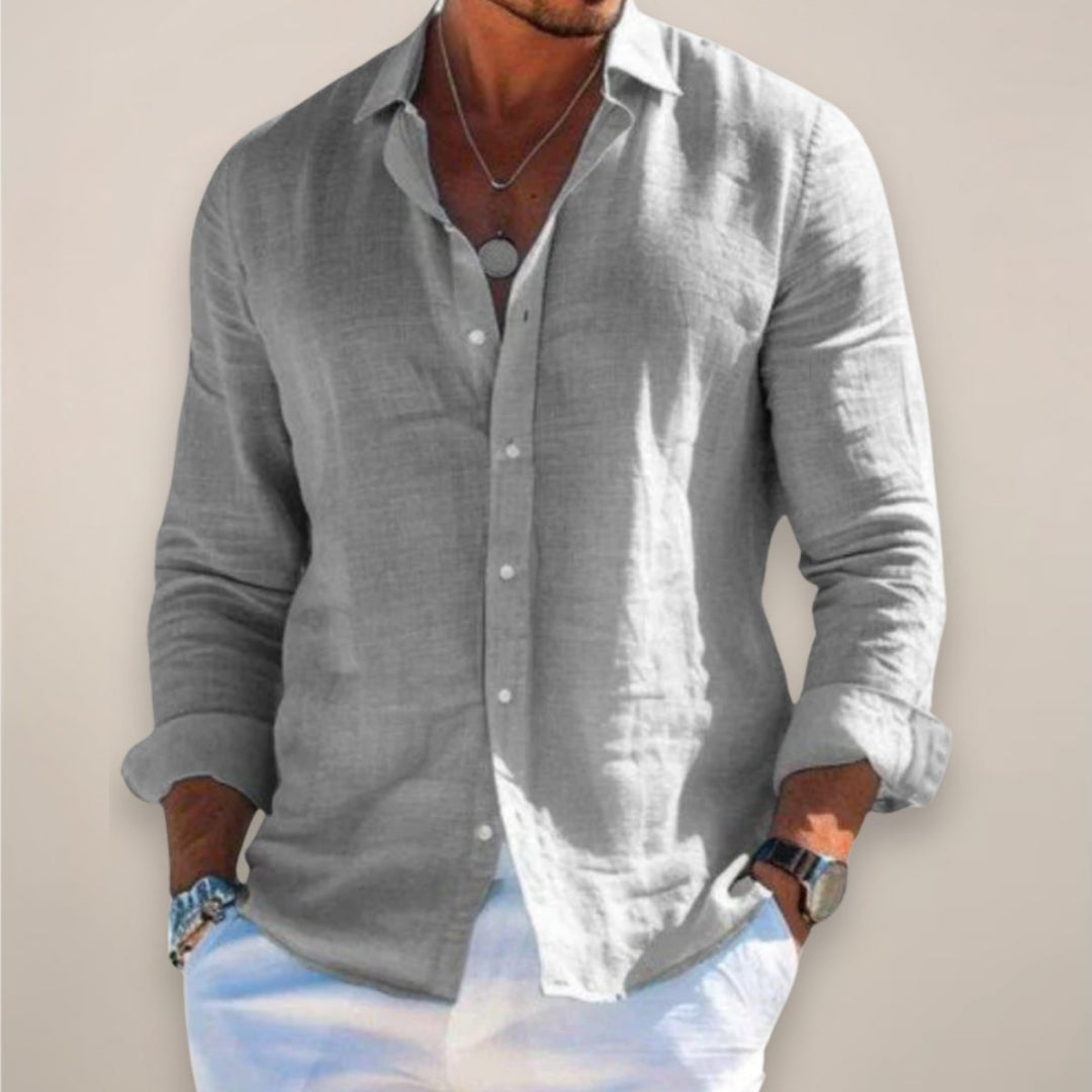 Heren Linnen Lange Mouw Button-Up Overhemd - Grey
