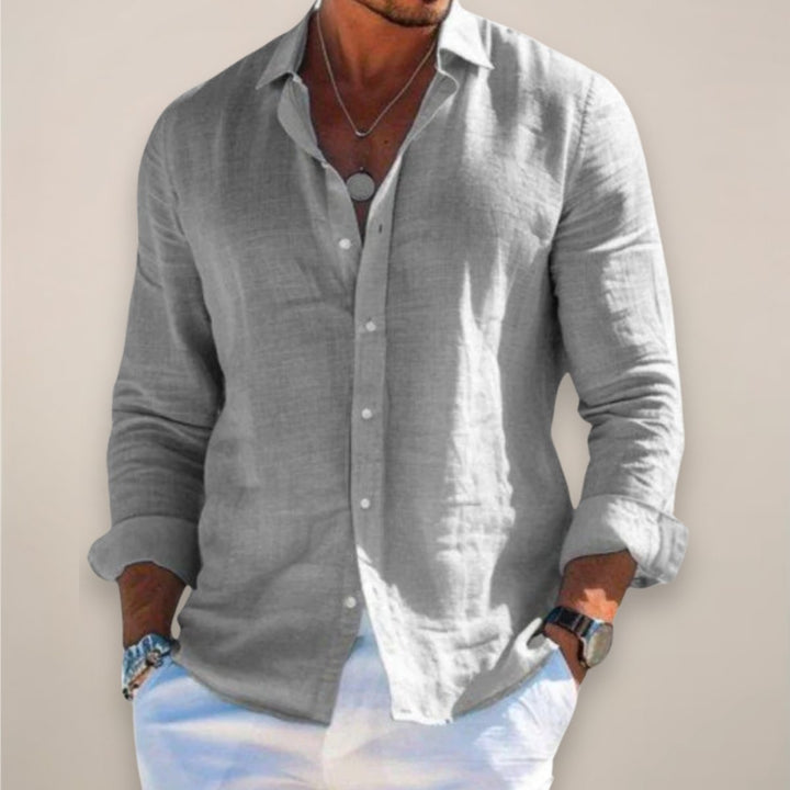 Heren Linnen Lange Mouw Button-Up Overhemd - Grey