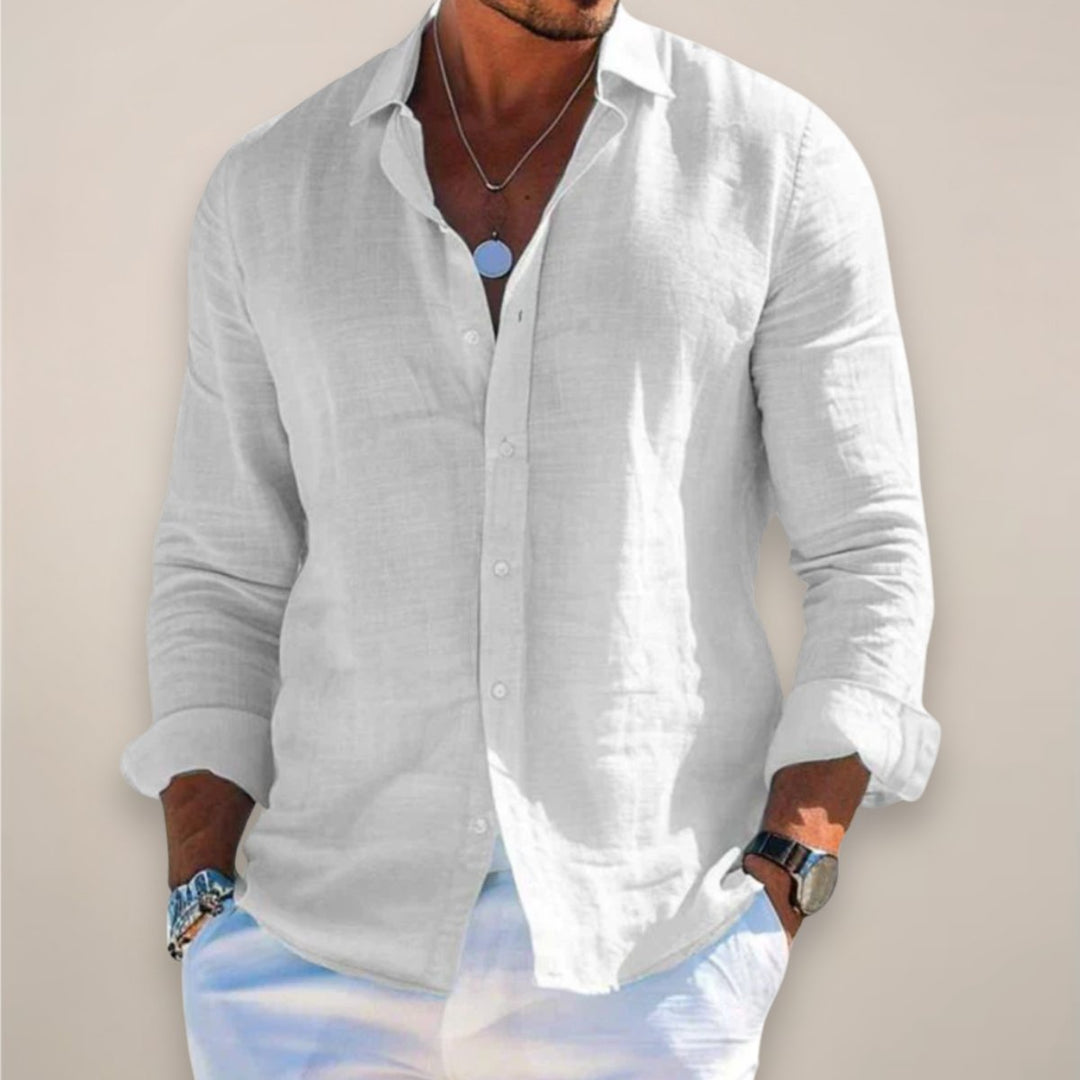 Heren Linnen Lange Mouw Button-Up Overhemd - White