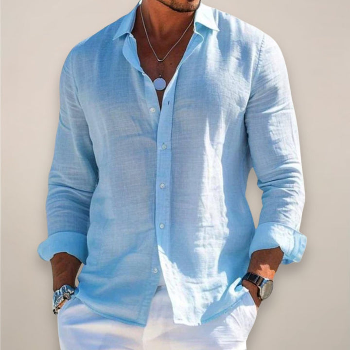 Heren Linnen Lange Mouw Button-Up Overhemd - Blue