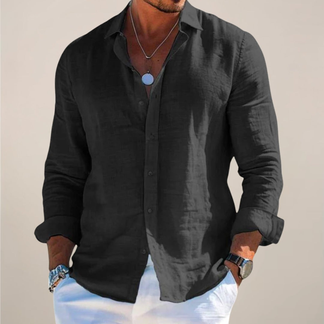 Heren Linnen Lange Mouw Button-Up Overhemd - Black
