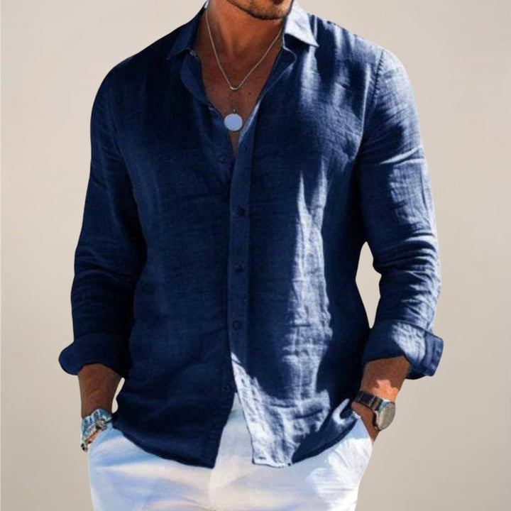 Heren Linnen Lange Mouw Button-Up Overhemd - Navy Blue
