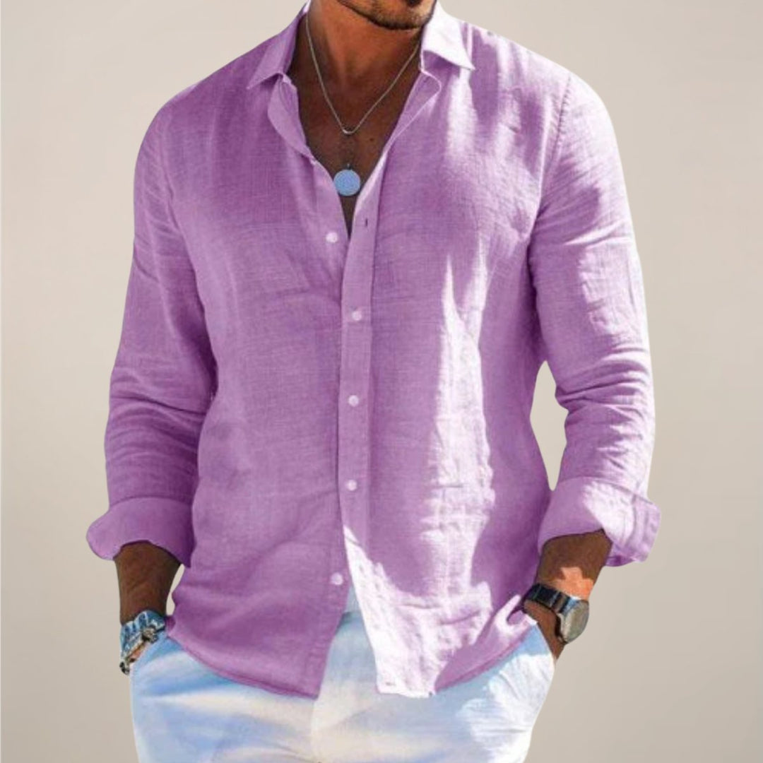 Heren Linnen Lange Mouw Button-Up Overhemd - Purple