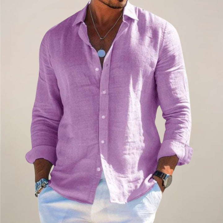 Heren Linnen Lange Mouw Button-Up Overhemd - Purple