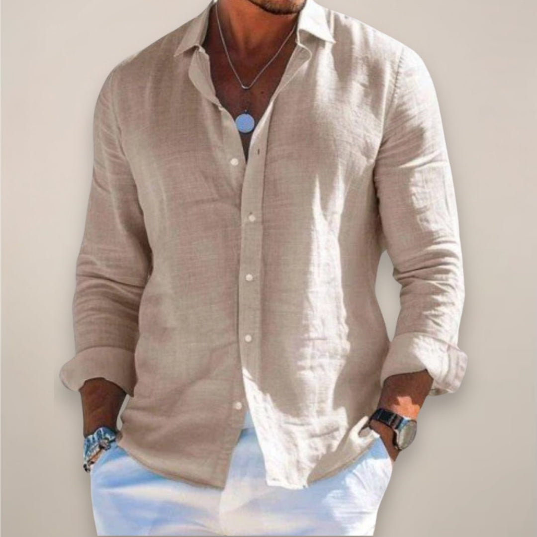 Heren Linnen Lange Mouw Button-Up Overhemd - Khaki