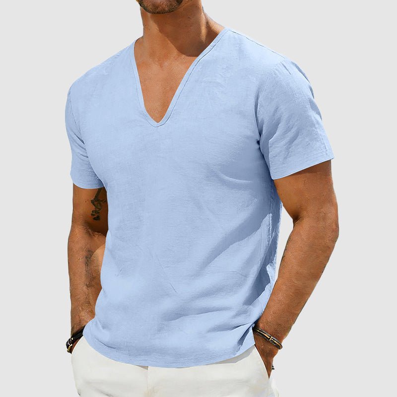 Heren Linnen V-Hals Korte Mouw T-Shirt - Blue
