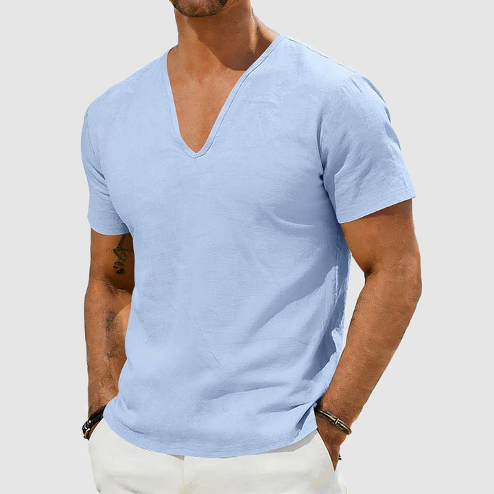 Heren Linnen V-Hals Korte Mouw T-Shirt - Blue