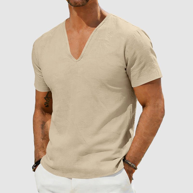 Heren Linnen V-Hals Korte Mouw T-Shirt - Khaki