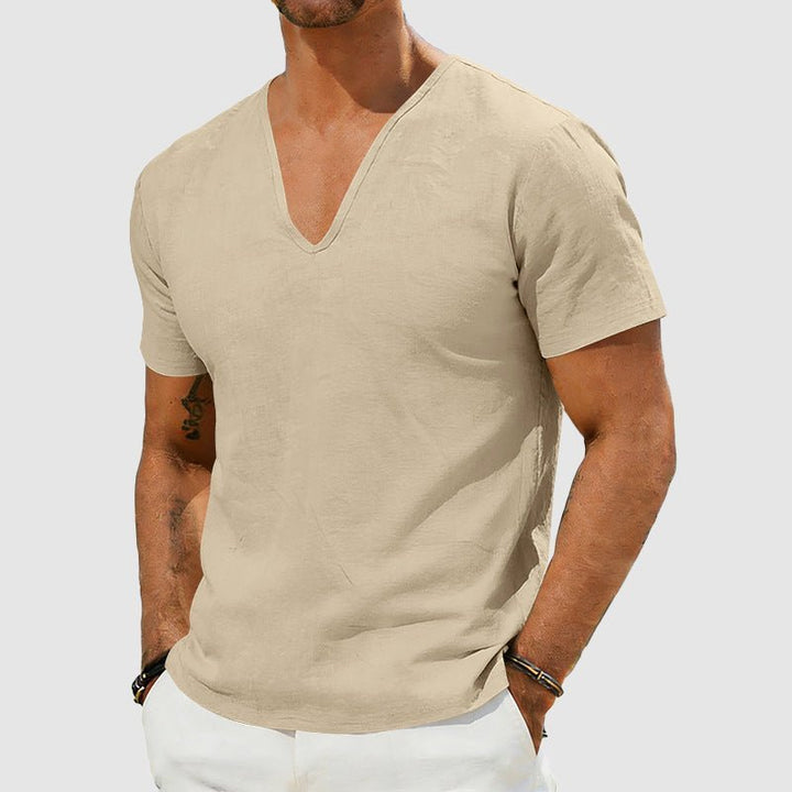 Heren Linnen V-Hals Korte Mouw T-Shirt - Khaki