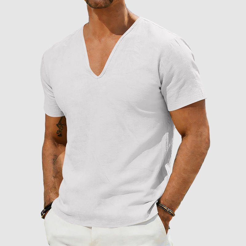 Heren Linnen V-Hals Korte Mouw T-Shirt - White