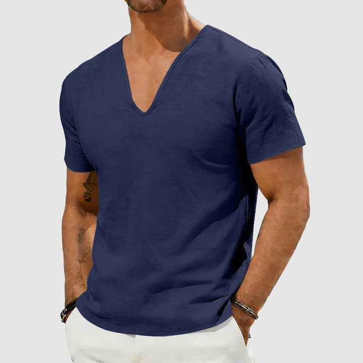 Heren Linnen V-Hals Korte Mouw T-Shirt - Dark Blue