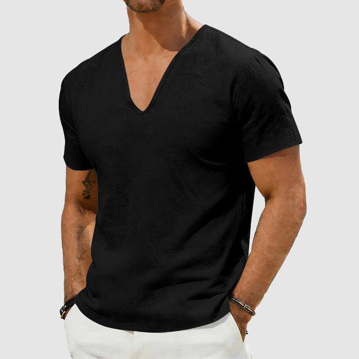 Heren Linnen V-Hals Korte Mouw T-Shirt - Black