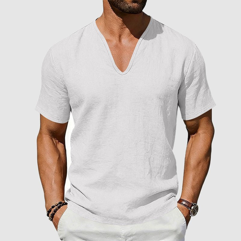 Heren Linnen V-Hals Korte Mouw T-Shirt