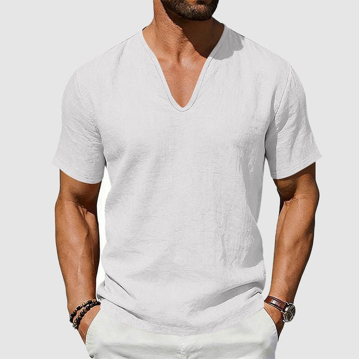 Heren Linnen V-Hals Korte Mouw T-Shirt