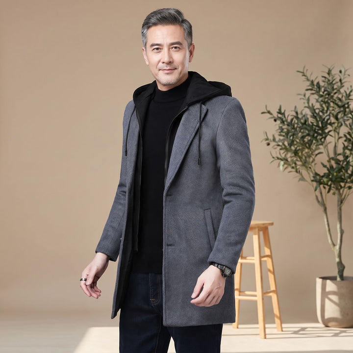 Heren Longline Trench Coat met Capuchon en Notch Revers