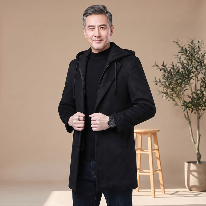Heren Longline Trench Coat met Capuchon en Notch Revers