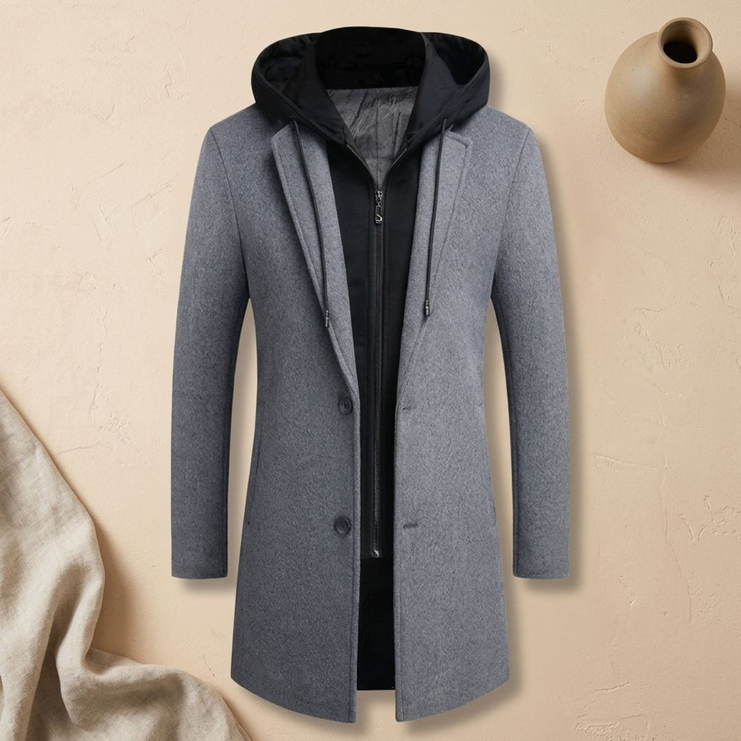 Heren Longline Trench Coat met Capuchon en Notch Revers - Grijs