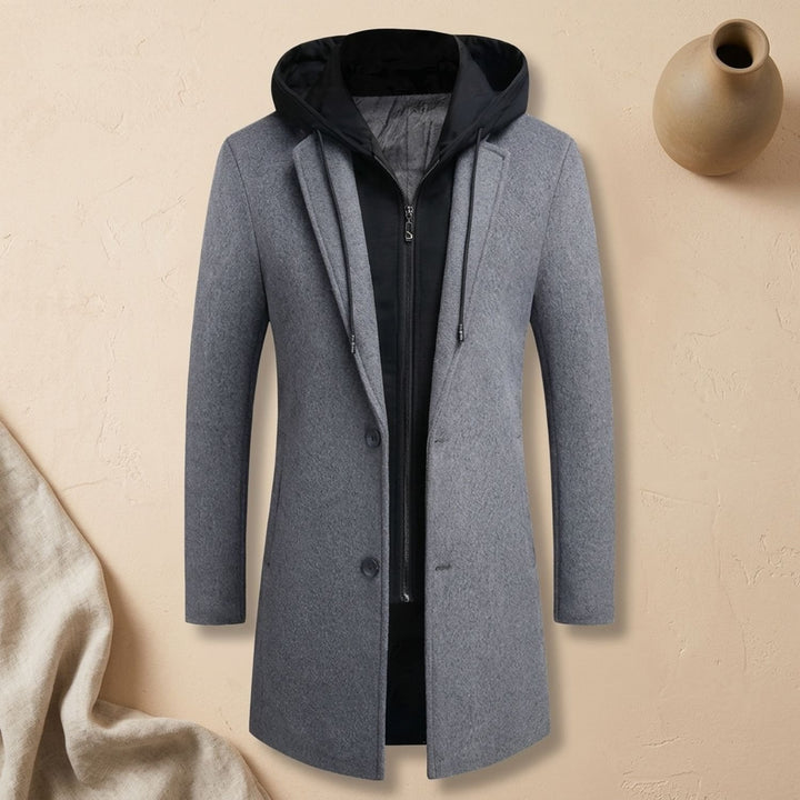 Heren Longline Trench Coat met Capuchon en Notch Revers - Grijs