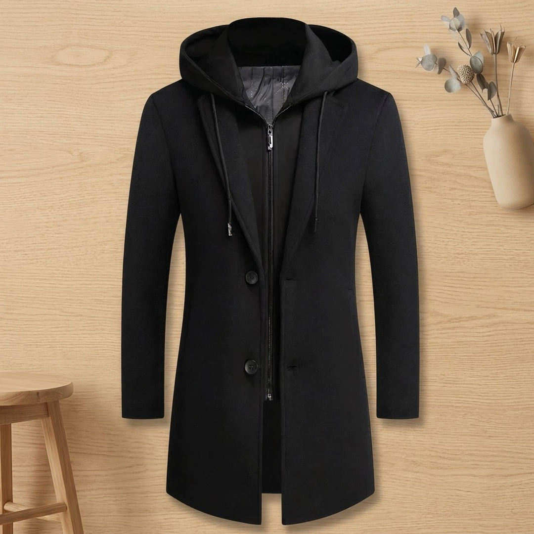 Heren Longline Trench Coat met Capuchon en Notch Revers - Zwart