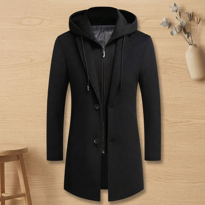 Heren Longline Trench Coat met Capuchon en Notch Revers - Zwart