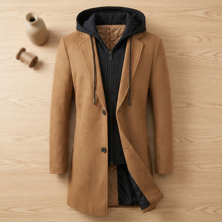 Heren Longline Trench Coat met Capuchon en Notch Revers - Bruin