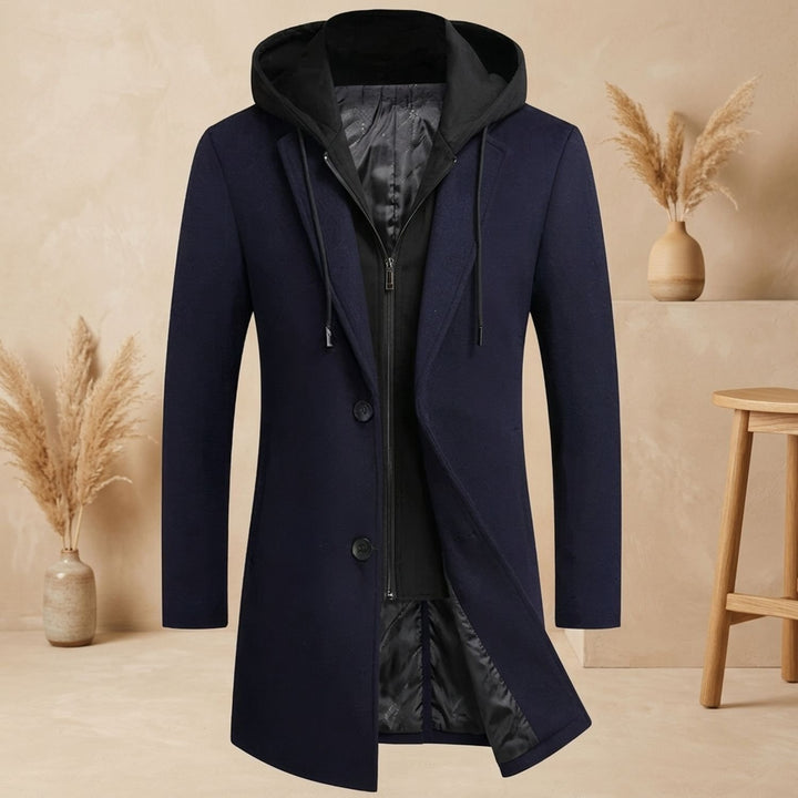 Heren Longline Trench Coat met Capuchon en Notch Revers - Marineblauw