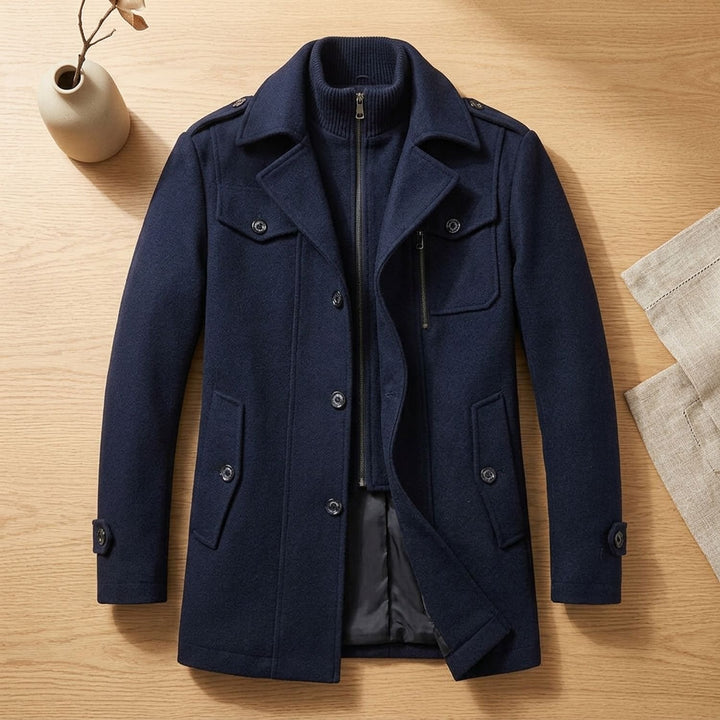Heren Longline Winterjas met Dubbele Knoopsluiting - Donkerblauw
