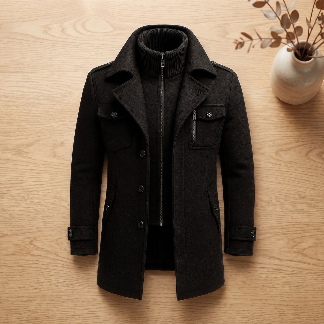 Heren Longline Winterjas met Ritsvoering en Kraag - Zwart