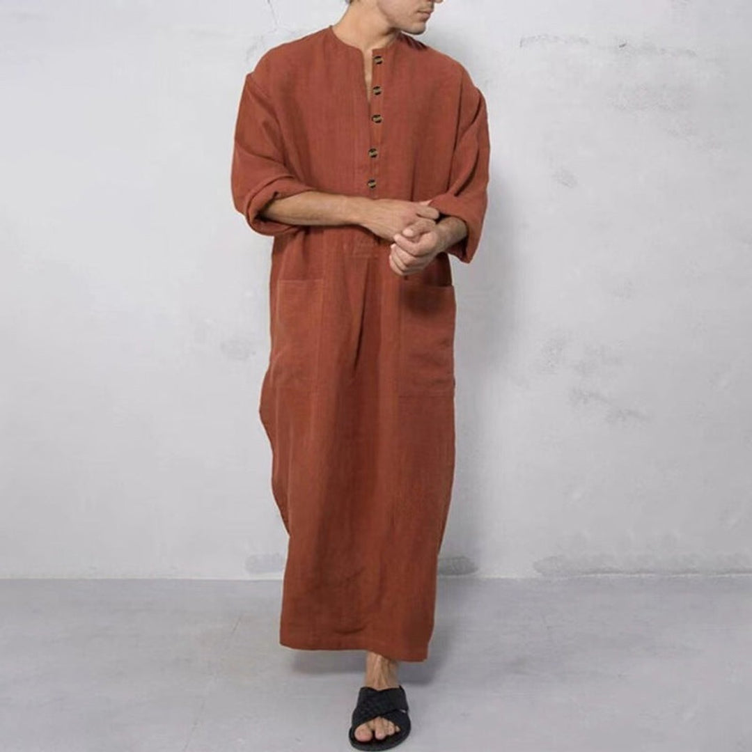 Heren Maxi Linnen Tunic Kaftan Wijde Snit Knoopsluiting Zijzakken
