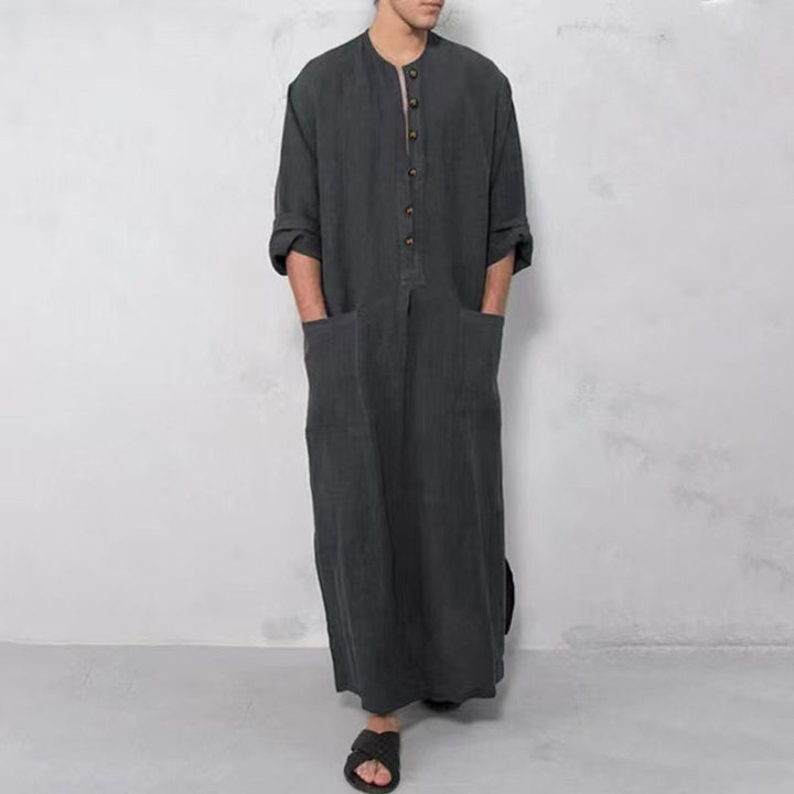 Heren Maxi Linnen Tunic Kaftan Wijde Snit Knoopsluiting Zijzakken