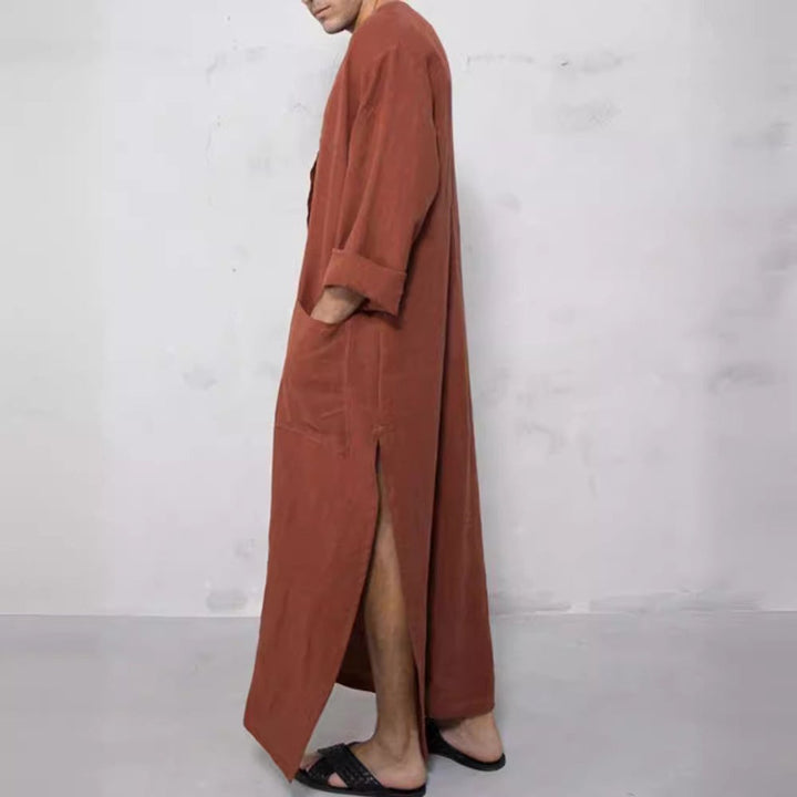 Heren Maxi Linnen Tunic Kaftan Wijde Snit Knoopsluiting Zijzakken