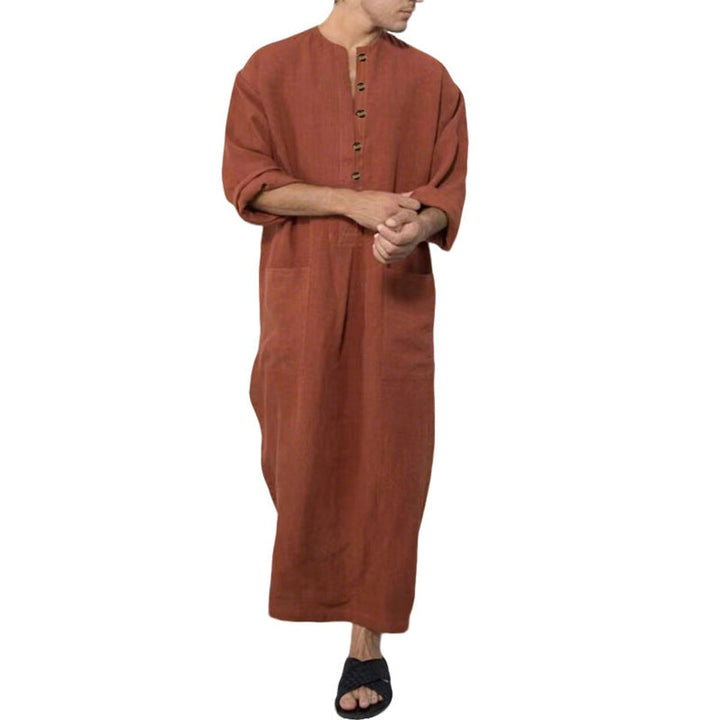 Heren Maxi Linnen Tunic Kaftan Wijde Snit Knoopsluiting Zijzakken - Braun