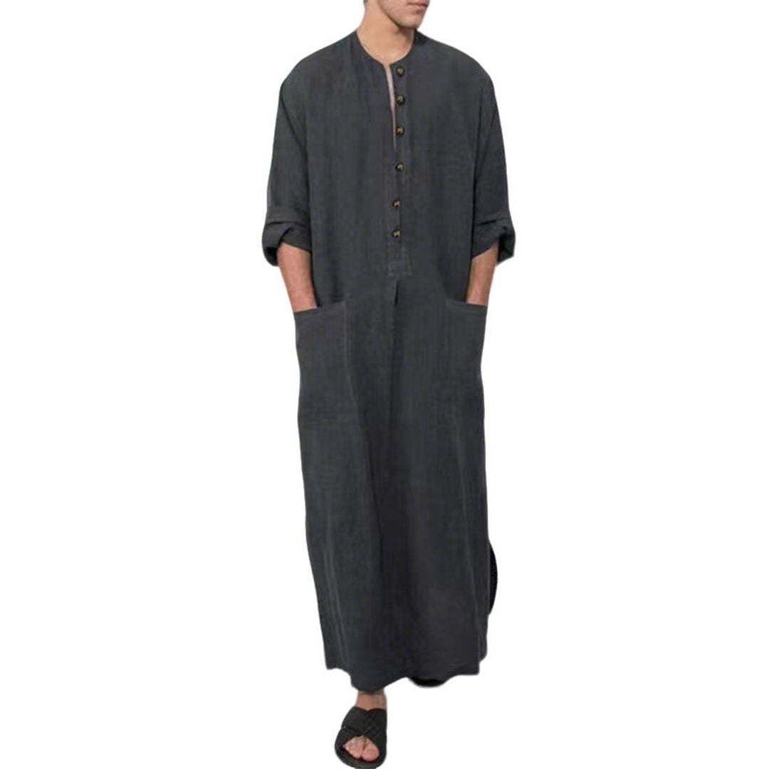 Heren Maxi Linnen Tunic Kaftan Wijde Snit Knoopsluiting Zijzakken - Grau